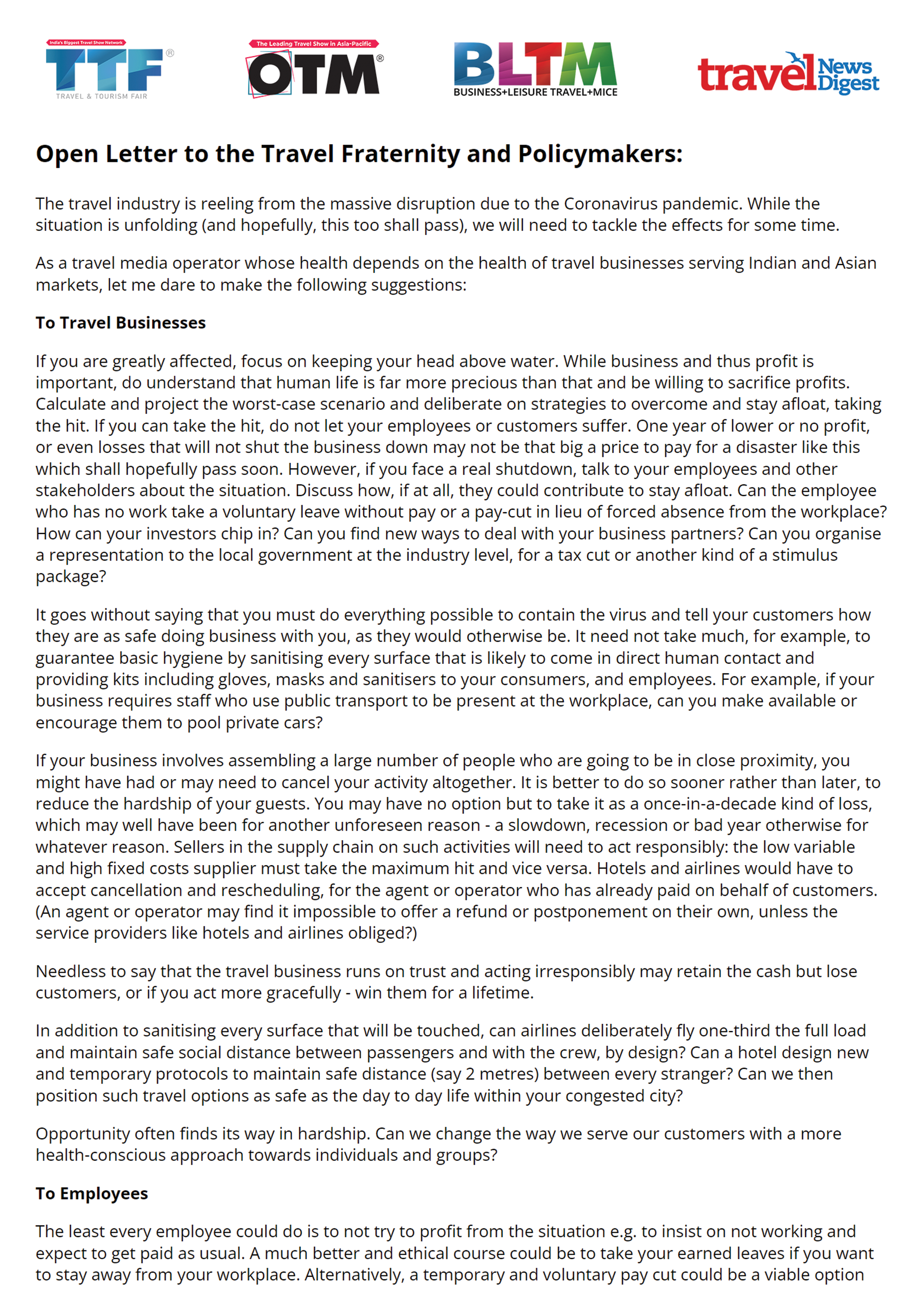 Open Letter 1 to the policy makers & tourism fraternity
